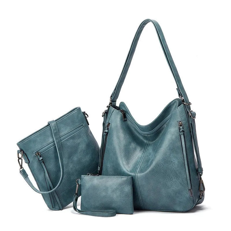 Women's retro three-piece bag set in soft PU material with horizontal square shape and sewing thread detail, available in multiple colours