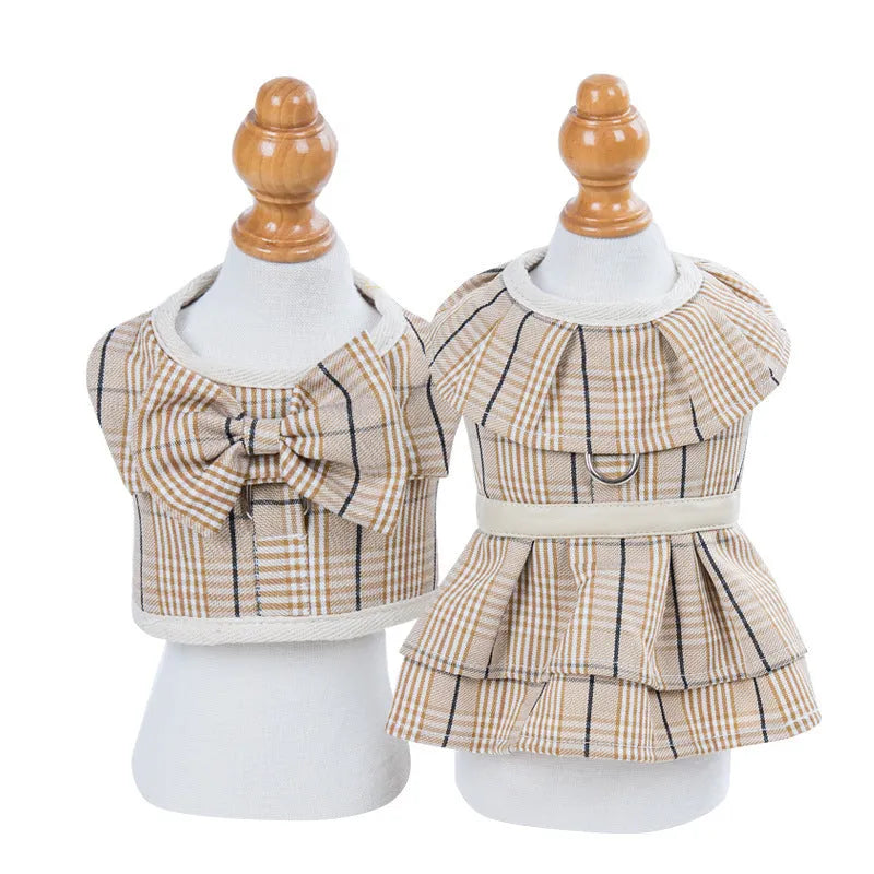 Pet harness vest with chest strap and attached hand-holding rope in beige and purple colour options