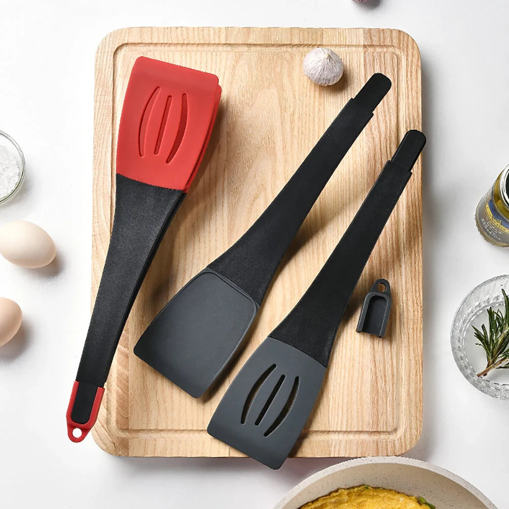 3-in-1 silicone frying spatula clip with detachable scraper and rotary blade