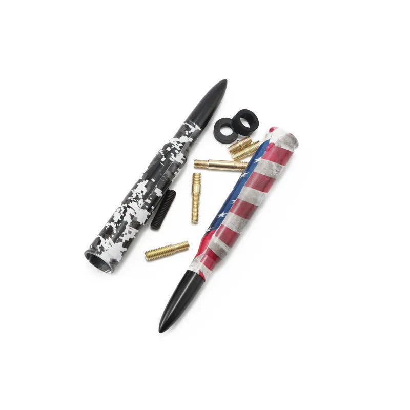 14cm bullet car antenna in camouflage, American flag and black designs