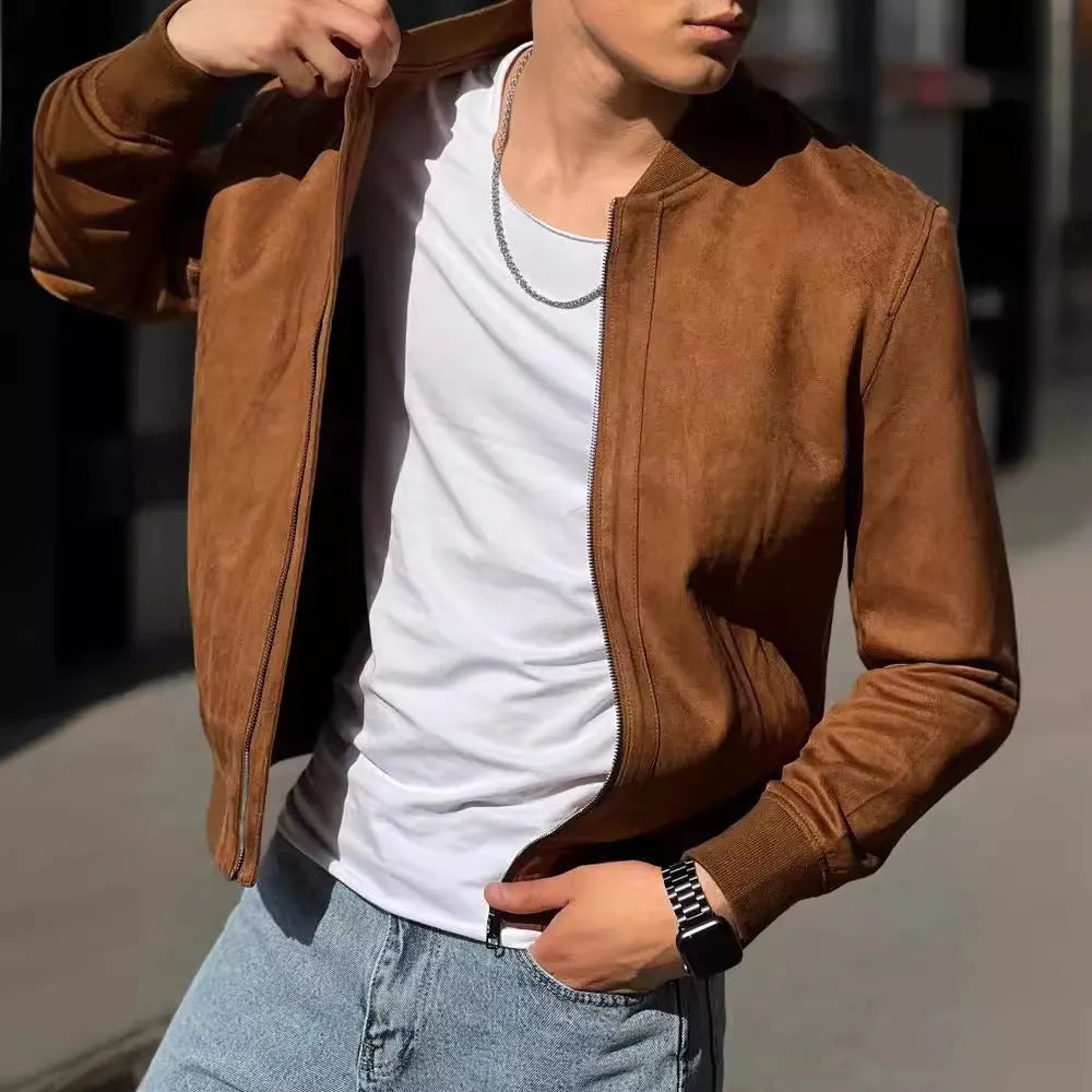 Suede solid colour polyester coat in brown, regular length, with collar and front buttons, shown on mannequin