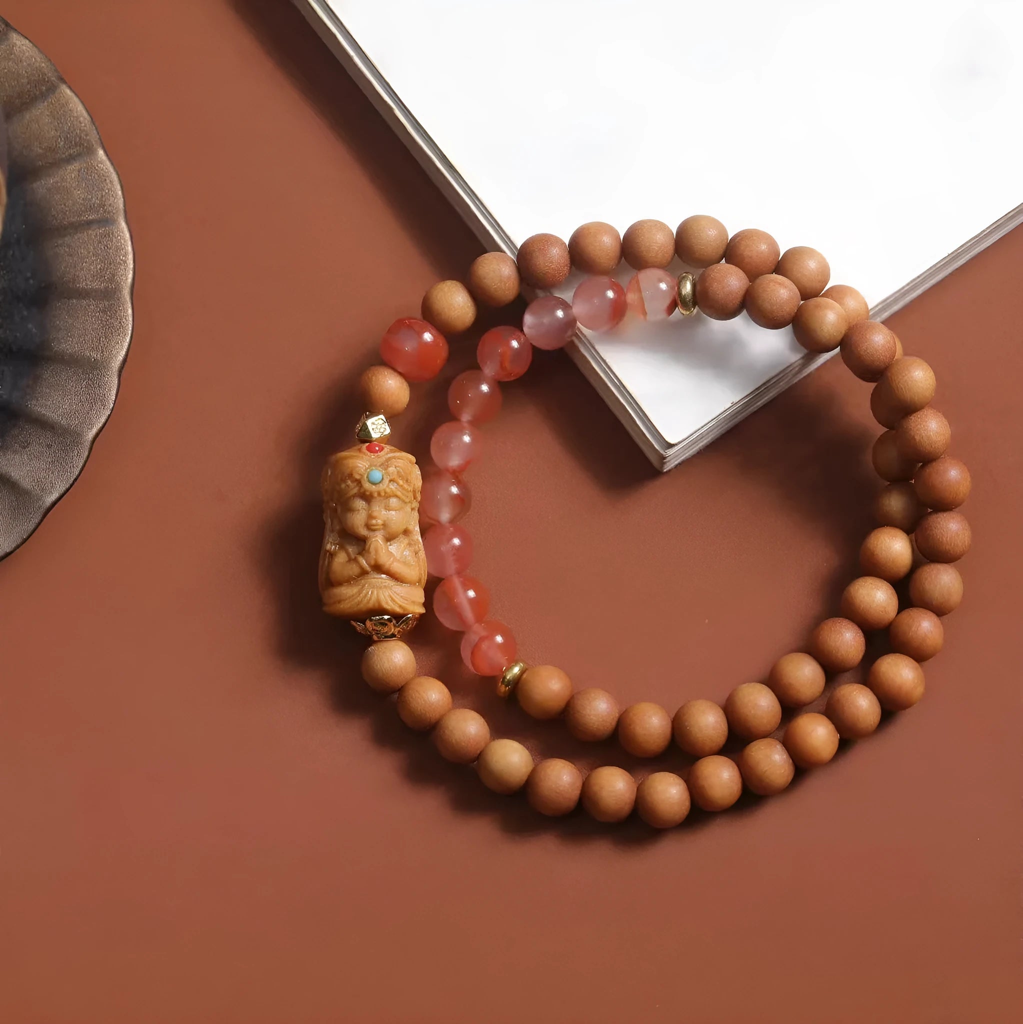 Brown wooden bracelet with 6mm round beads featuring double circle pattern