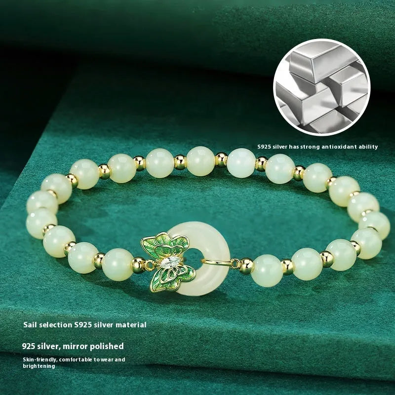 Cyan Hetian jade bracelet with sterling silver butterfly inlay and 6mm beads