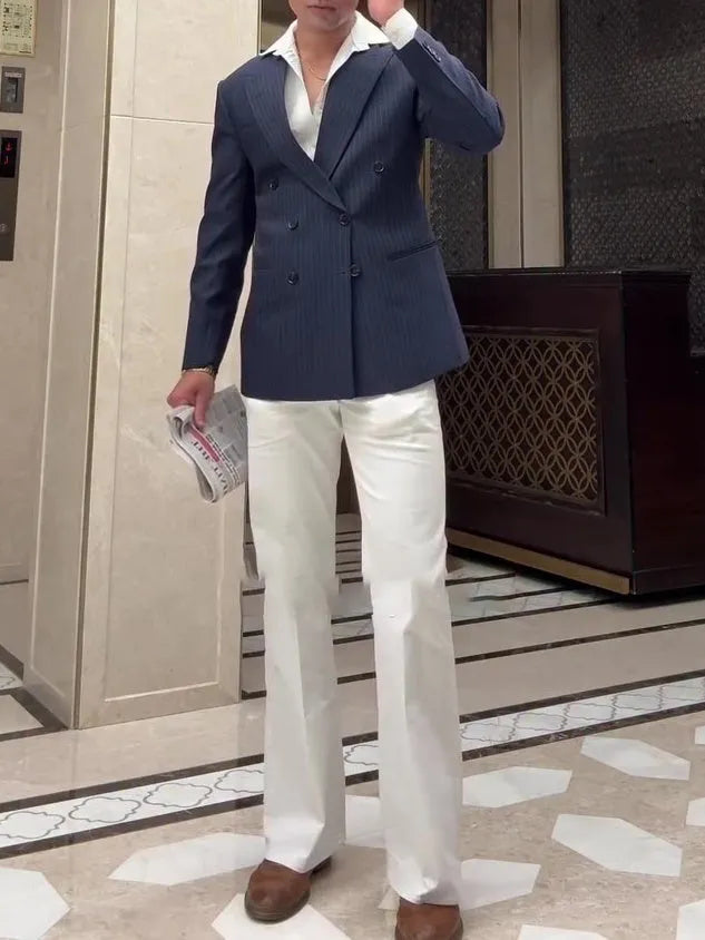 Men's classic stripe double-breasted blazer with regular fit on mannequin