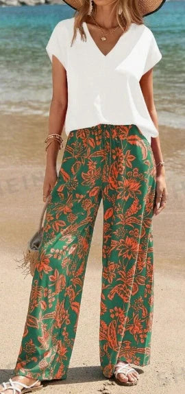 Women's V-Neck Top and Botanical Print Pants Set in woven fabric