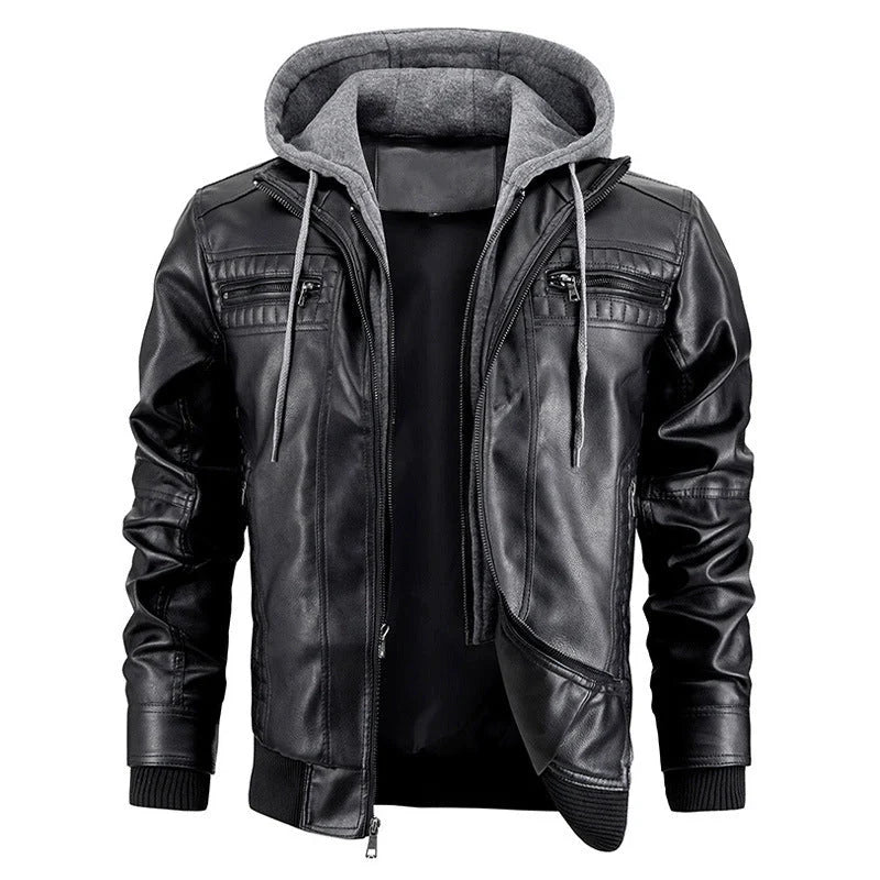 Men's black and brown hooded PU leather jacket with zipper pockets