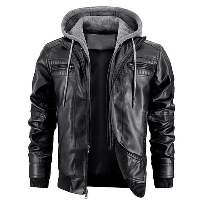 Men's black and brown hooded PU leather jacket with zipper pockets
