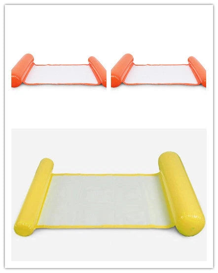 Inflatable water lounge chair in blue, floating in pool with hammock design visible