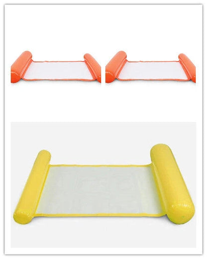 Inflatable water lounge chair in blue, floating in pool with hammock design visible