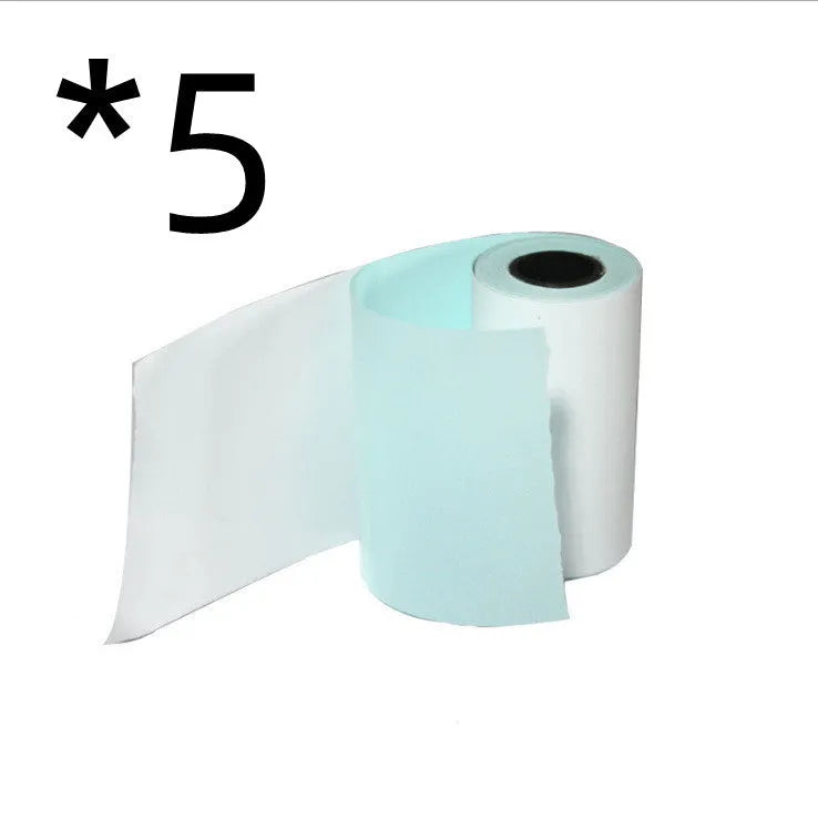 Bluetooth mini thermal printer in pink with USB cable and paper rolls on white background
