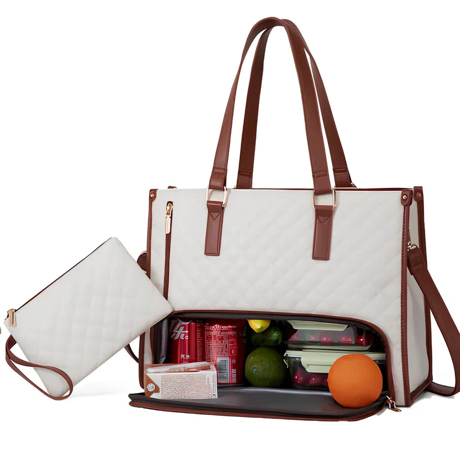 Brown women's insulated lunch bag 42x30x18cm with leak-proof lining and diagonal strap