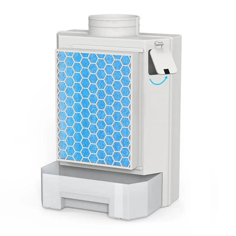 Clothes dryer fluff filter with thickened ABS housing, 9.6cm connection caliber, and four filter cotton refills, measuring 24x11.5x35.5cm