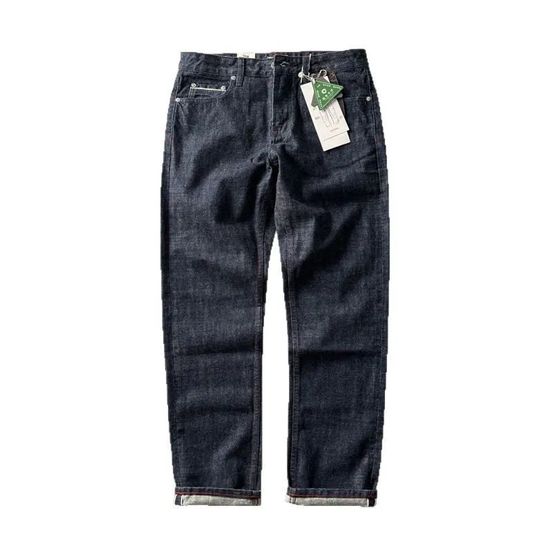 Men's straight leg denim trousers in primary colour with American retro style and mid waist fit.