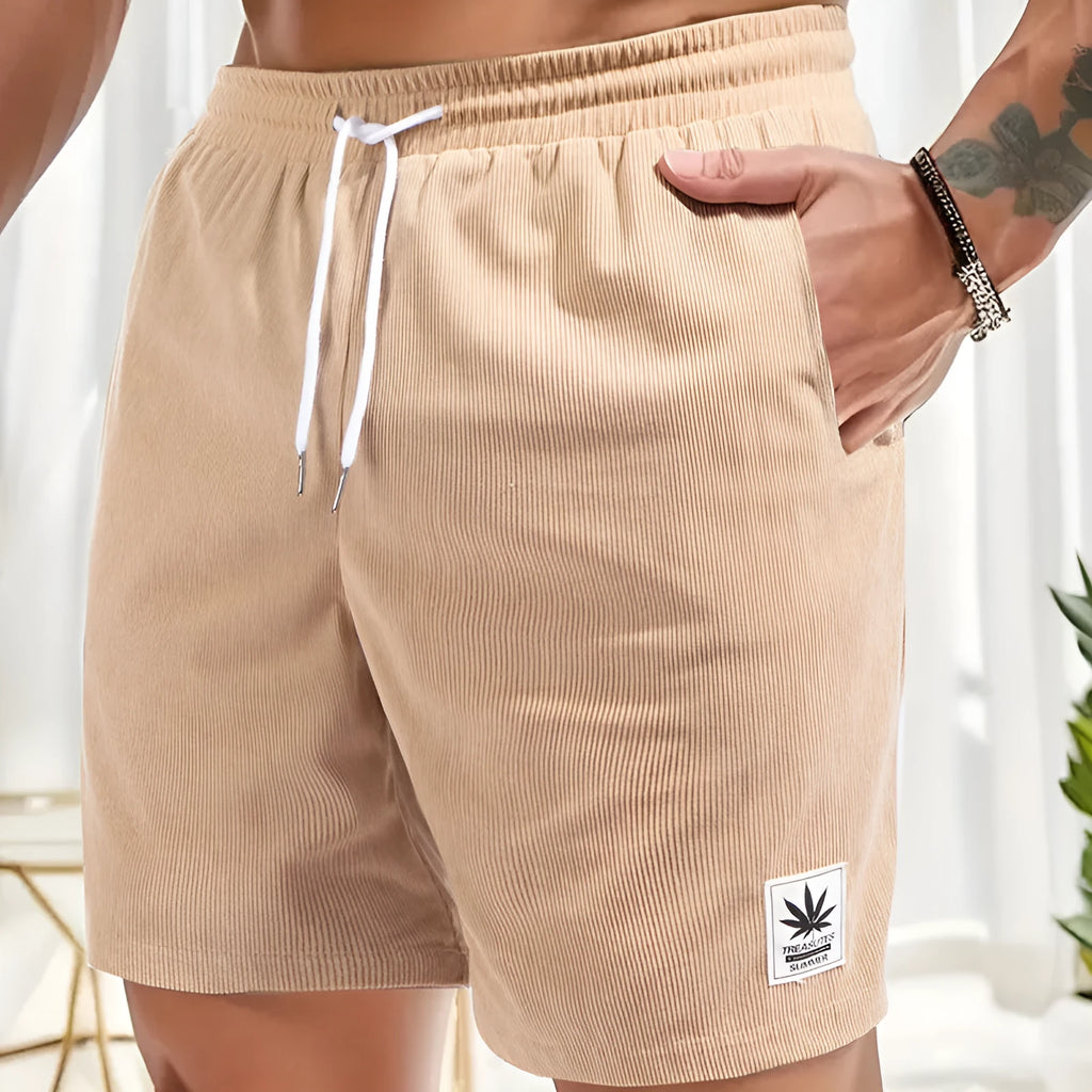 Men's grey drawstring summer leisure shorts on a white background.