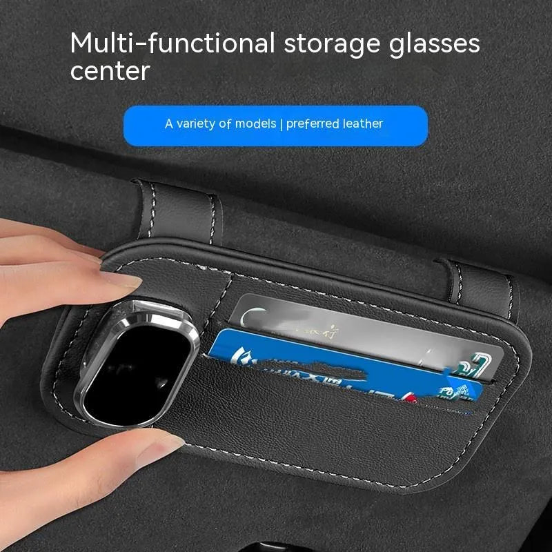Genuine cowhide leather car sun visor card holder with snap-on installation in five colour options