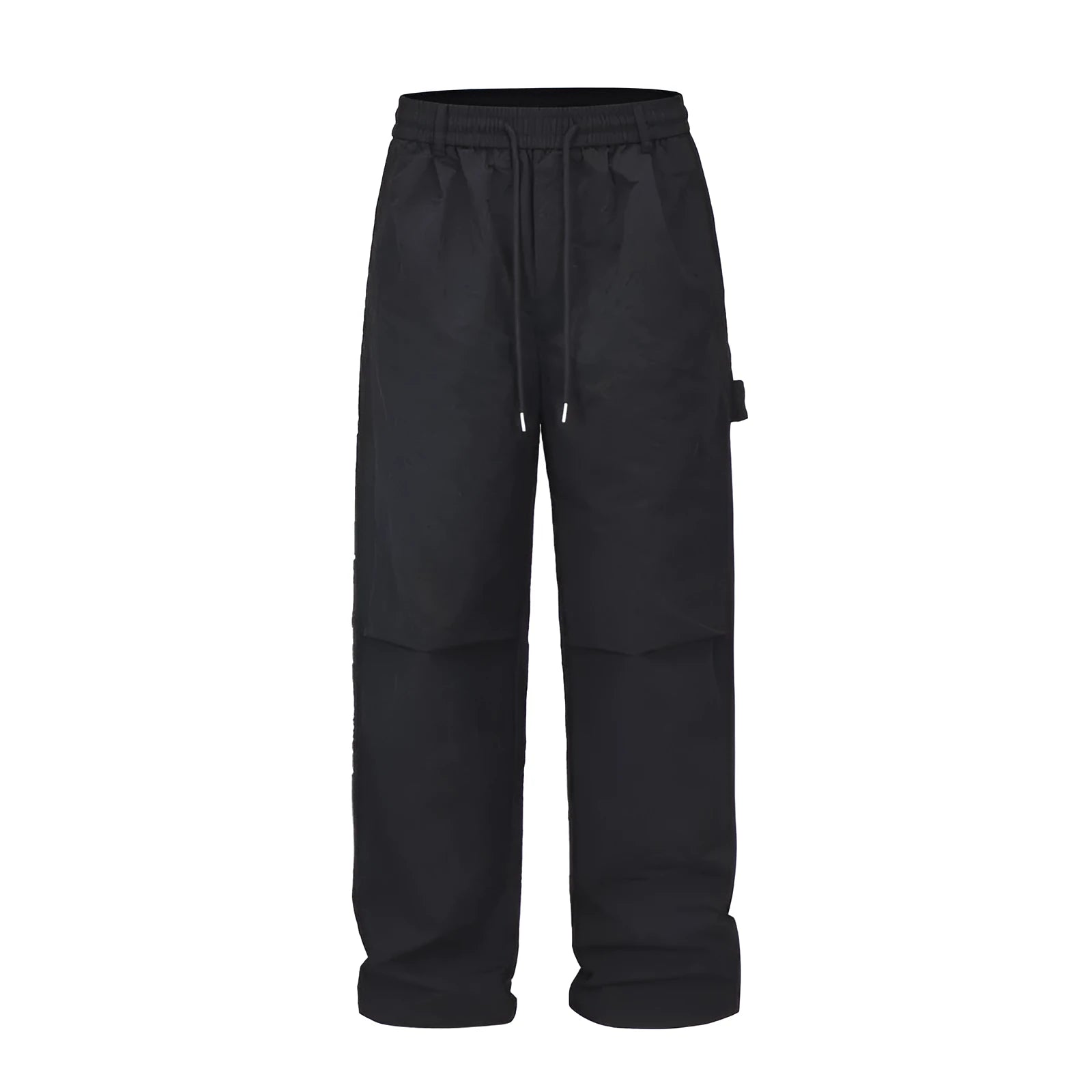 Black baggy paratrooper trousers with an elasticated drawstring waistband and three-dimensional cutting.