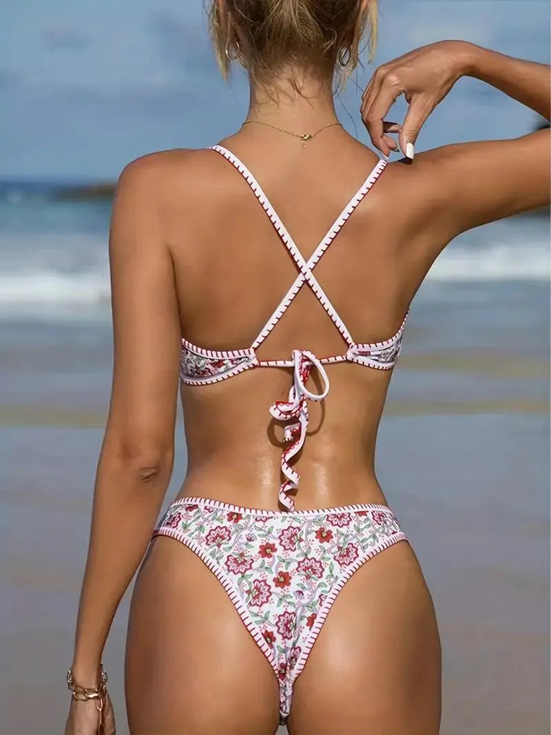 Women's floral print V-neck swimsuit with embroidery detail
