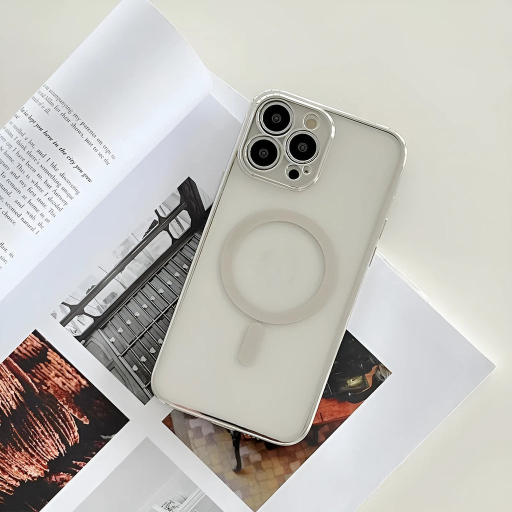 Magnetic charging phone case with plated frame for iPhone in solid colour plastic back cover
