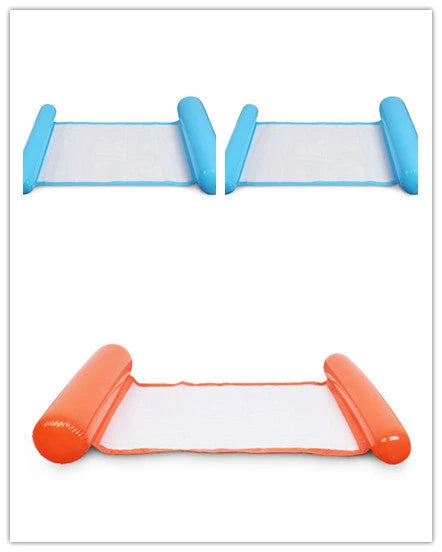 Inflatable water lounge chair in blue, floating in pool with hammock design visible