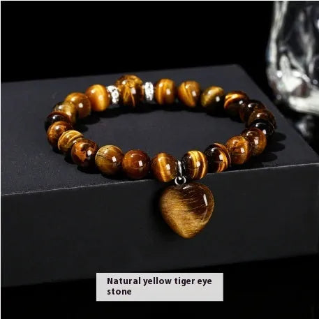 Handmade Tigereye crystal love pendant bracelet with geometric round pendant and natural stone beads in six colour options