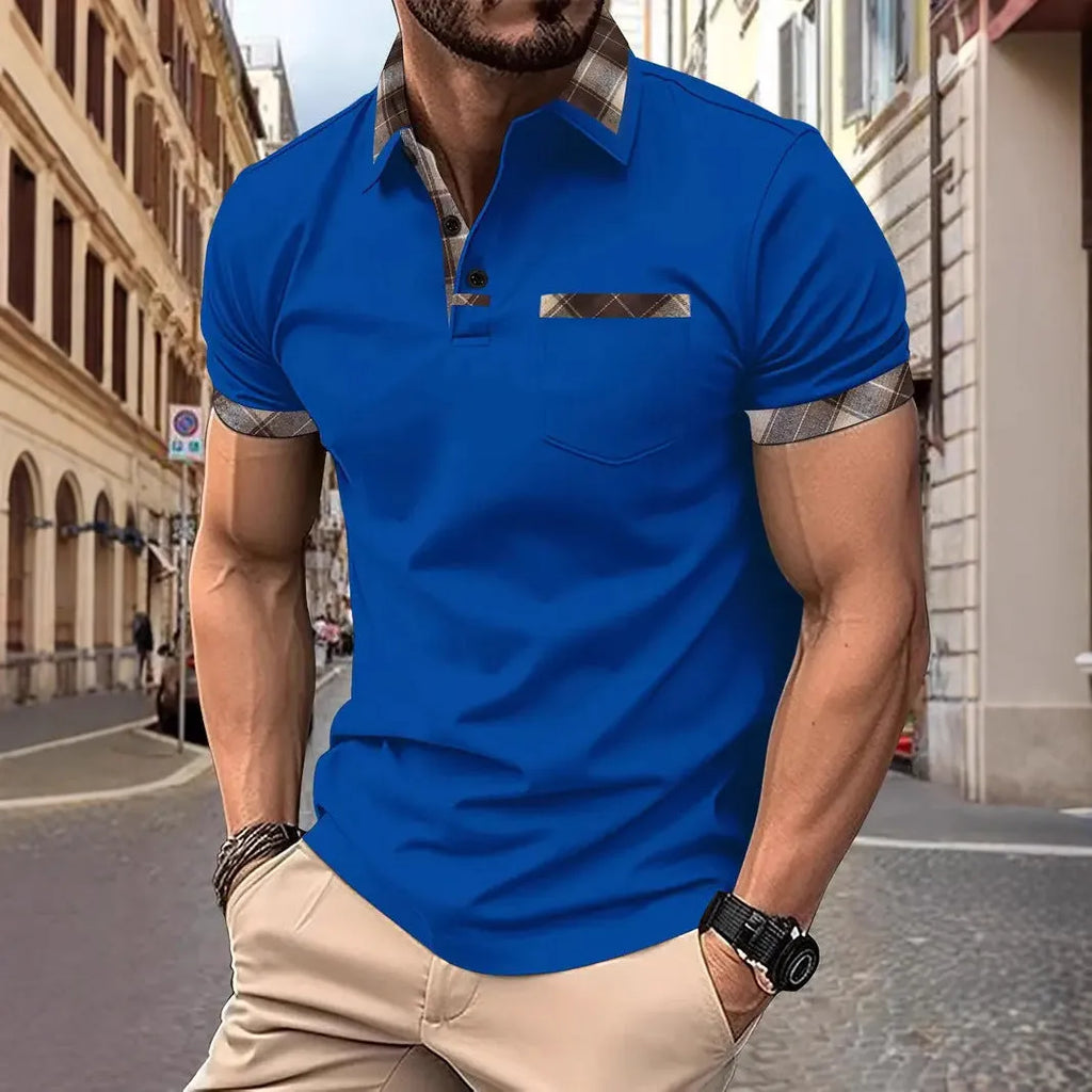 Man wearing a loose fit short sleeve t-shirt with a red and black plaid colourblock design.