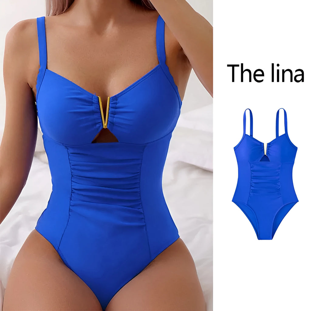 Nylon V-neck hollow pleated one-piece bikini swimsuit in black, belly slimming design for women