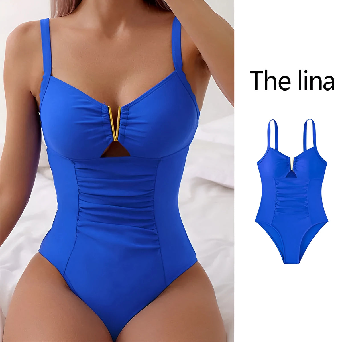 Nylon V-neck hollow pleated one-piece bikini swimsuit in black, belly slimming design for women