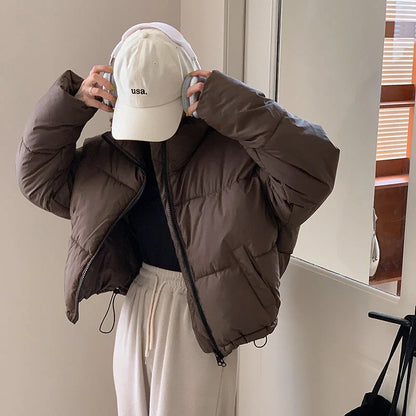 Stand collar short cotton-padded coat for women in slim fit design, available in four colours