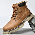 Genuine leather men's mid-top Martin boots in brown with stitched rubber sole and mesh fabric panels