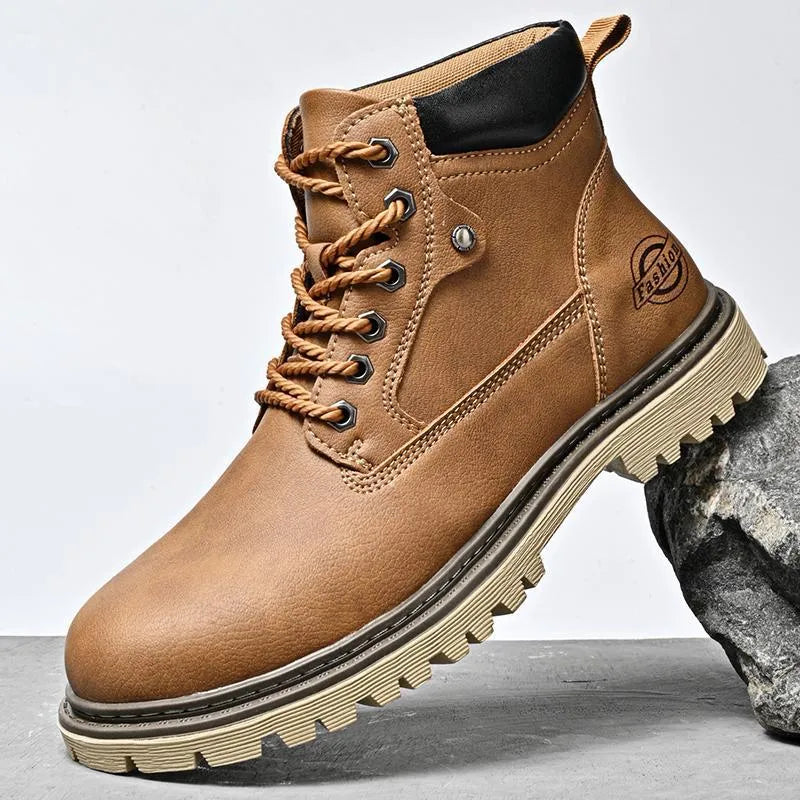 Genuine leather men's mid-top Martin boots in brown with stitched rubber sole and mesh fabric panels