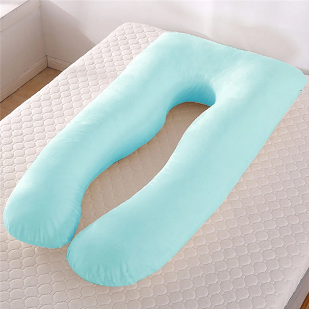 U-shaped ice silk pregnancy pillow in green colour showing 130x70cm dimensions