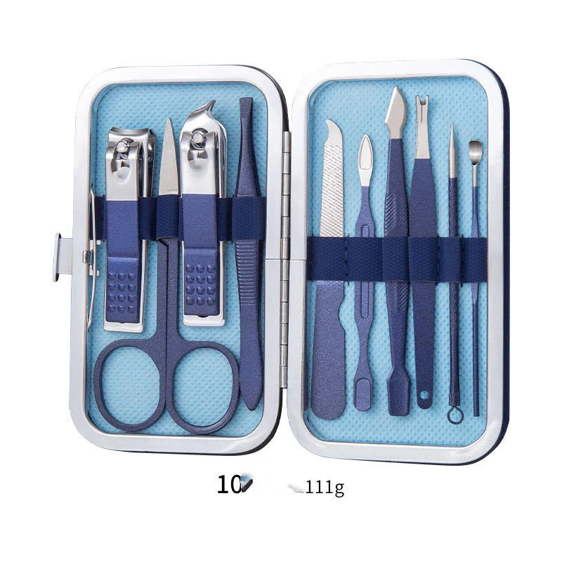 Professional Nail Care Set with stainless steel tools in a leather case