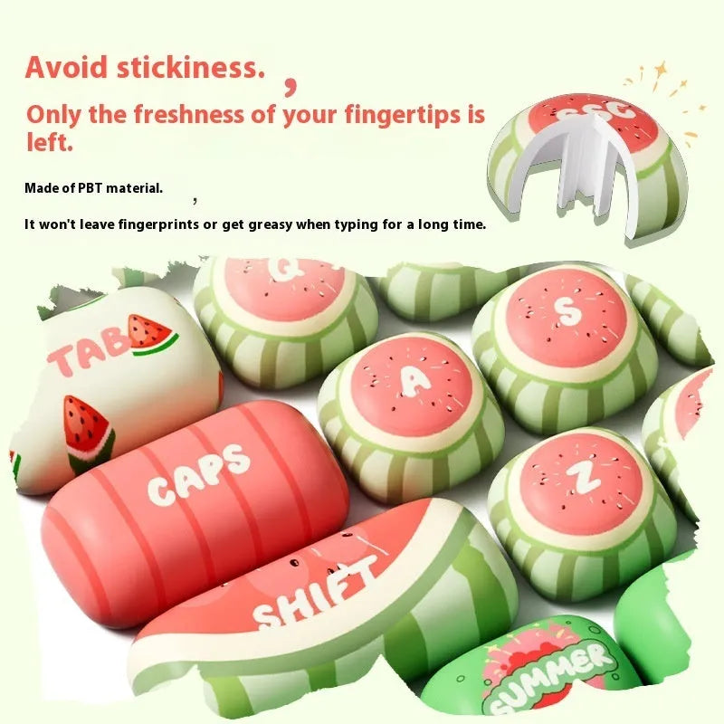 Watermelon-themed Mushroom profile PBT key caps for mechanical keyboards on a black background.