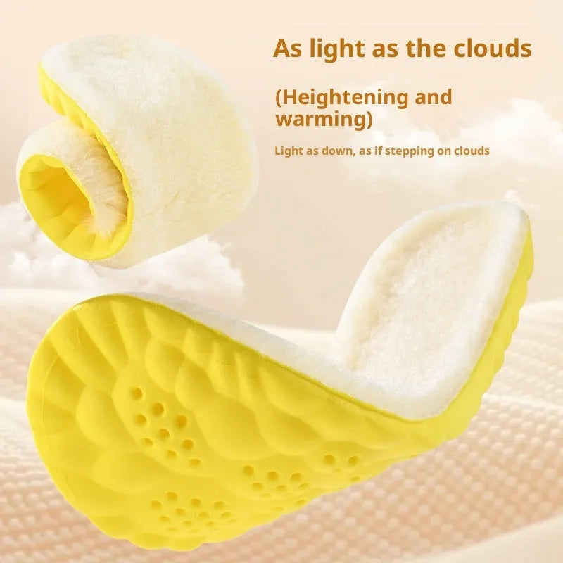Fleece lined winter height increasing insoles in three lift heights on white background