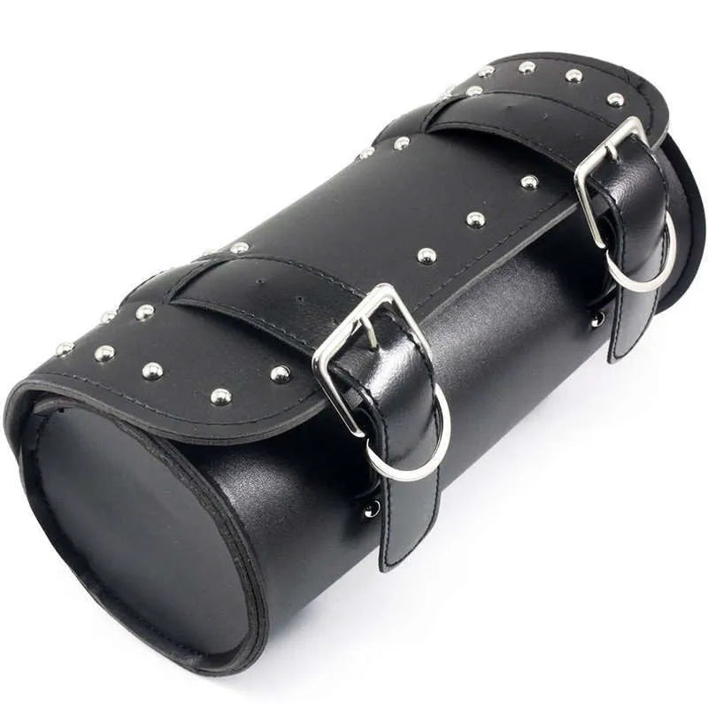 Black PU leather motorcycle side bag with tie ropes, 310x135x135mm, waterproof and wear-resistant