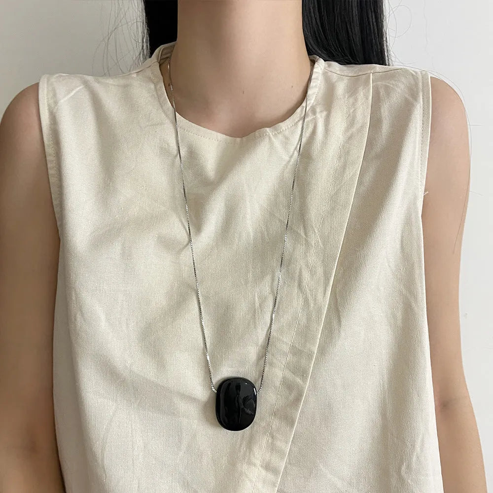 Square tigereye pendant necklace on a long alloy chain, coffee colour, geometric design, 70cm length