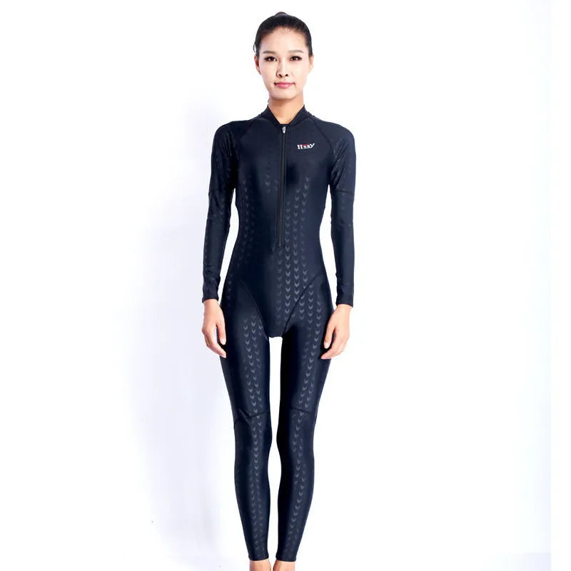 Unisex pure black one-piece shark skin swimsuit with front zipper, quick-drying nylon spandex fabric