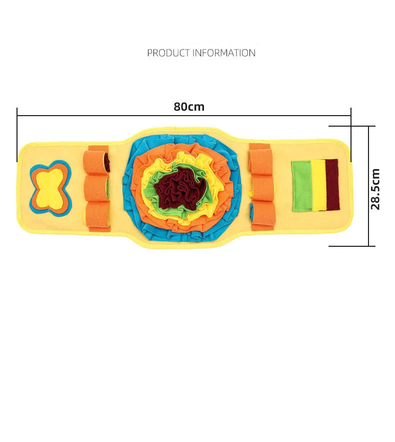 Blue and yellow watch-style pet sniff mat with fleece strips for slow feeding and nosework training