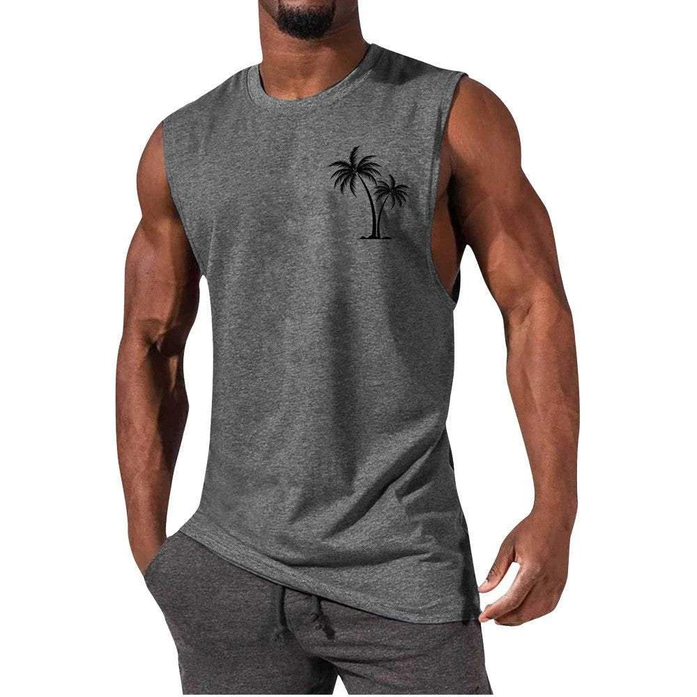 Tropical palm tree embroidered muscle tee in a variety of colors for an active, summer-inspired look