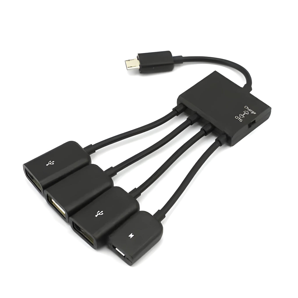 Black micro USB OTG one-to-four multi-port adapter with switch and 0.25m cable