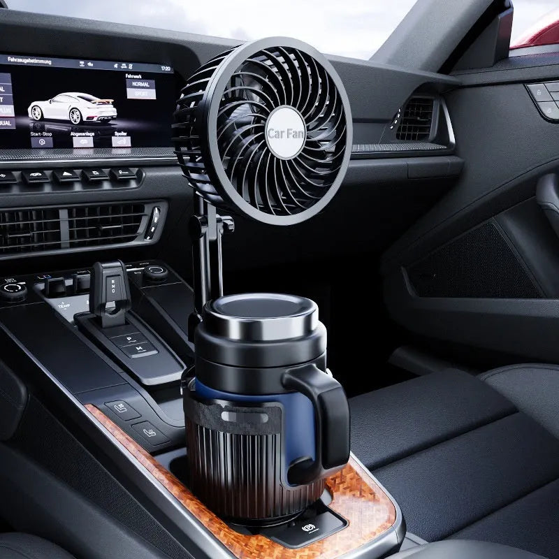 Car water cup holder fan showing 4-inch and 6-inch size options for 12V, 24V, and USB power