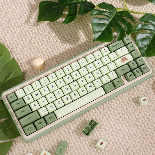 Matcha green PBT keycap set with dye-sublimated legends for mechanical keyboards, showing 124 keys in various language layouts.