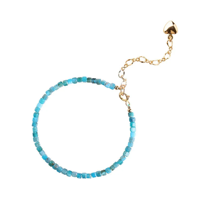 Adjustable women's bracelet with natural blue apatite crystal diamond-shaped beads