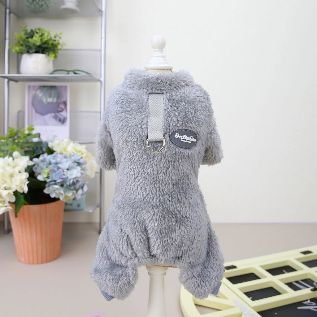 Small dog wearing a three-colour pull-ring four-leg fluffy coat in Brown, made from coral fleece