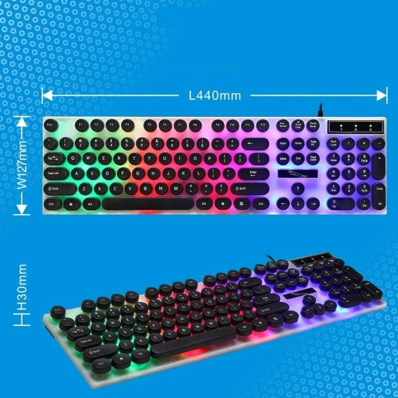 White waterproof gaming keyboard with RGB backlight showing 104 plastic keys and USB cable