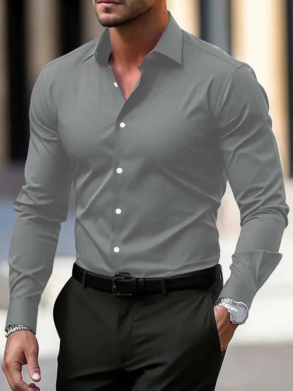 Men's business button down shirt in velvet polyester fabric, long sleeve lapel style, solid colour available in navy blue
