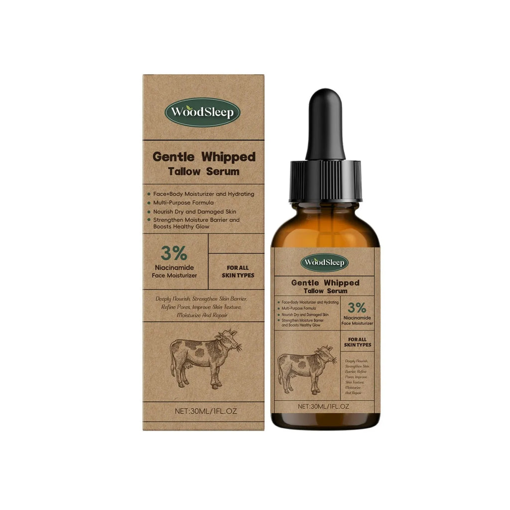 Whipped tallow serum 30ml in a tube with ingredient list including tallow and coconut oil