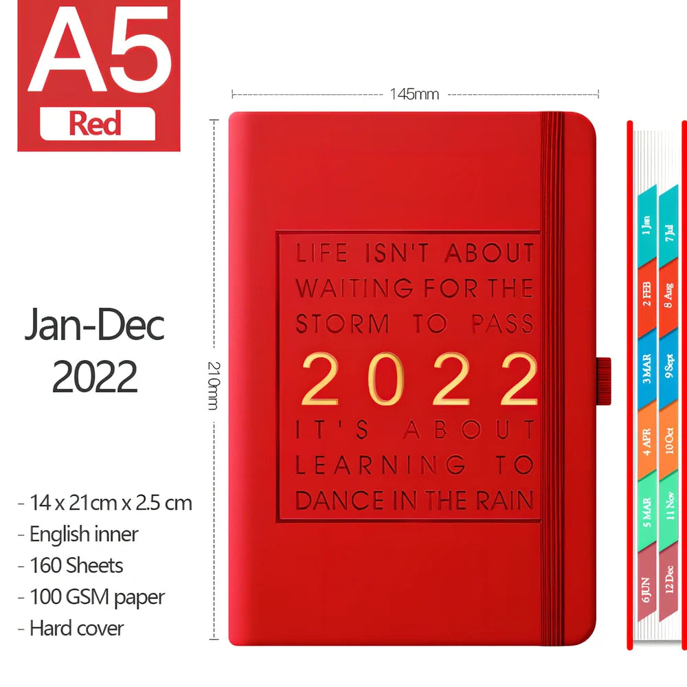 Red A5 imitation leather notebook with French fold binding and 100gsm pages, weighing 540g