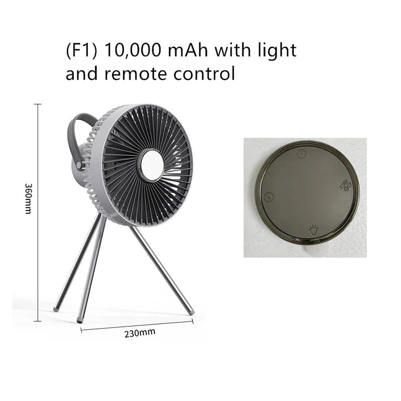 Versatile outdoor camping fan with portable USB rechargeable tripod design, multi-purpose functionality, and powerful 10,000mAh battery