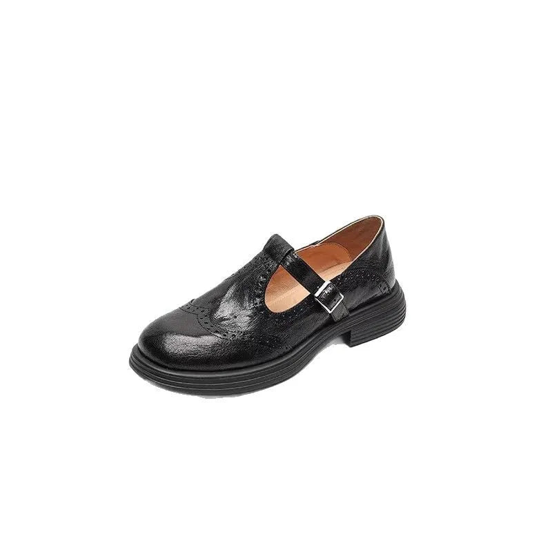 Women's casual sheepskin hollow flower flat loafers in brown, round toe, low top, T-strap style